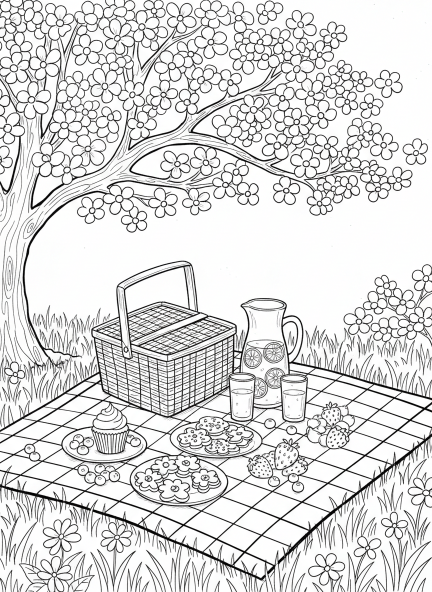 A picnic blanket spread under a flowering tree with a basket, lemonade, and spring treats.