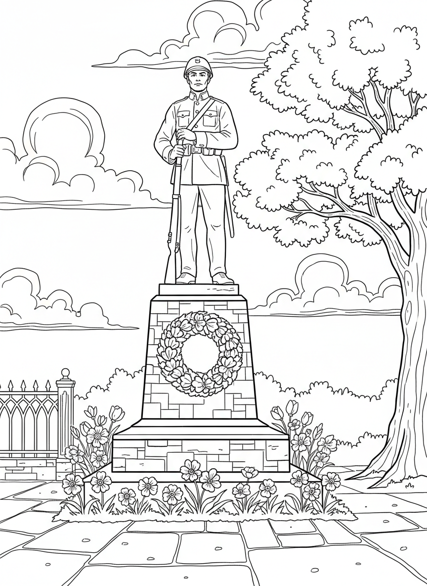 A memorial statue of a soldier standing tall on a pedestal with flowers at the base and clouds above.
