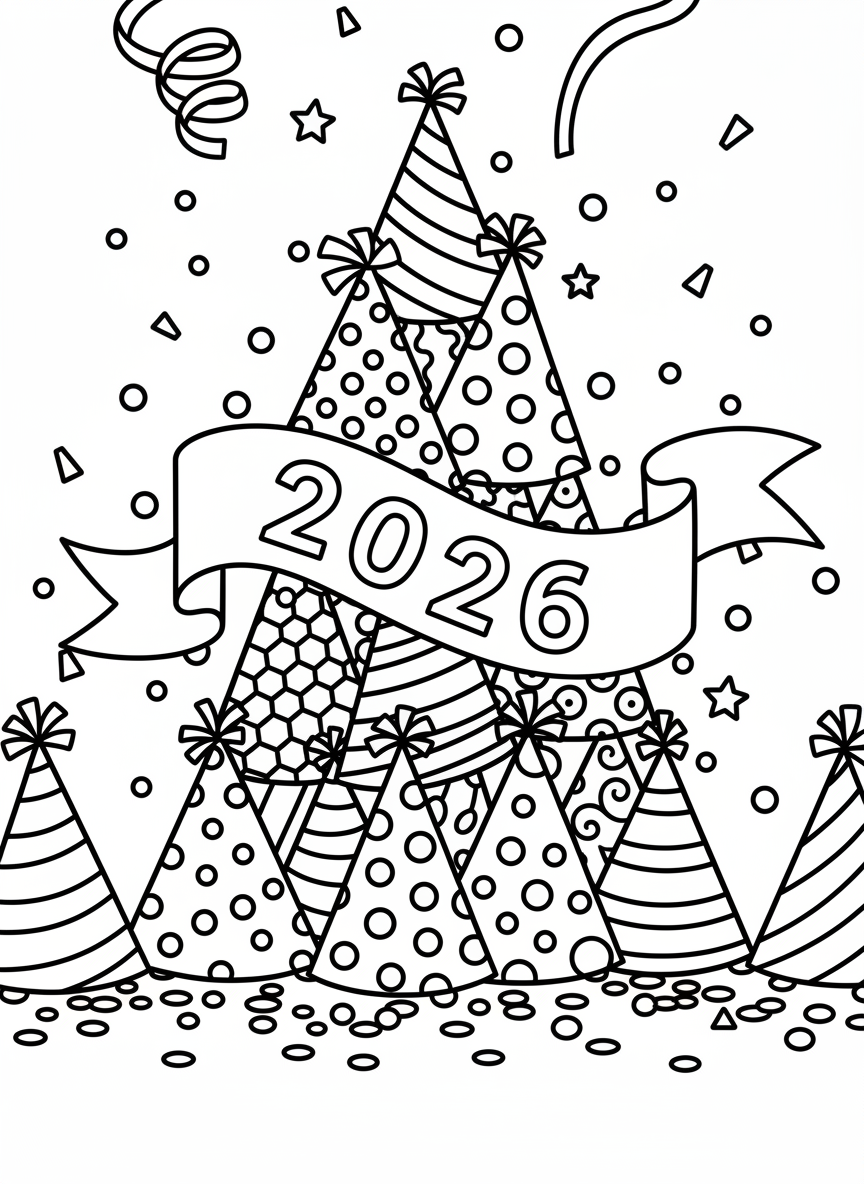 Party hats of different patterns stacked in a pyramid with '2026' banner draped across them and confetti scattered around.