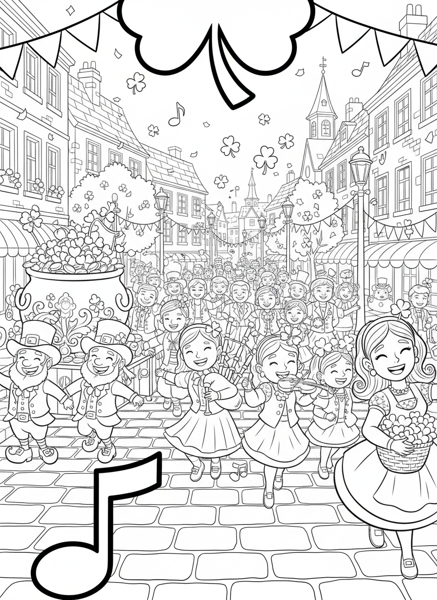 Saint Patricks Day coloring page prompts celebrating Irish-inspired traditions, green decorations, music, and festive community energy.	A lively Saint Patrick’s Day street scene filled with green decorations, shamrocks, and smiling crowds as music drifts through the air and celebration fills every corner.