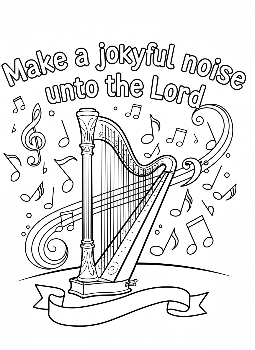 Musical notes floating around a harp with the text 'Make a joyful noise unto the Lord' in rhythmic, bouncy letters.