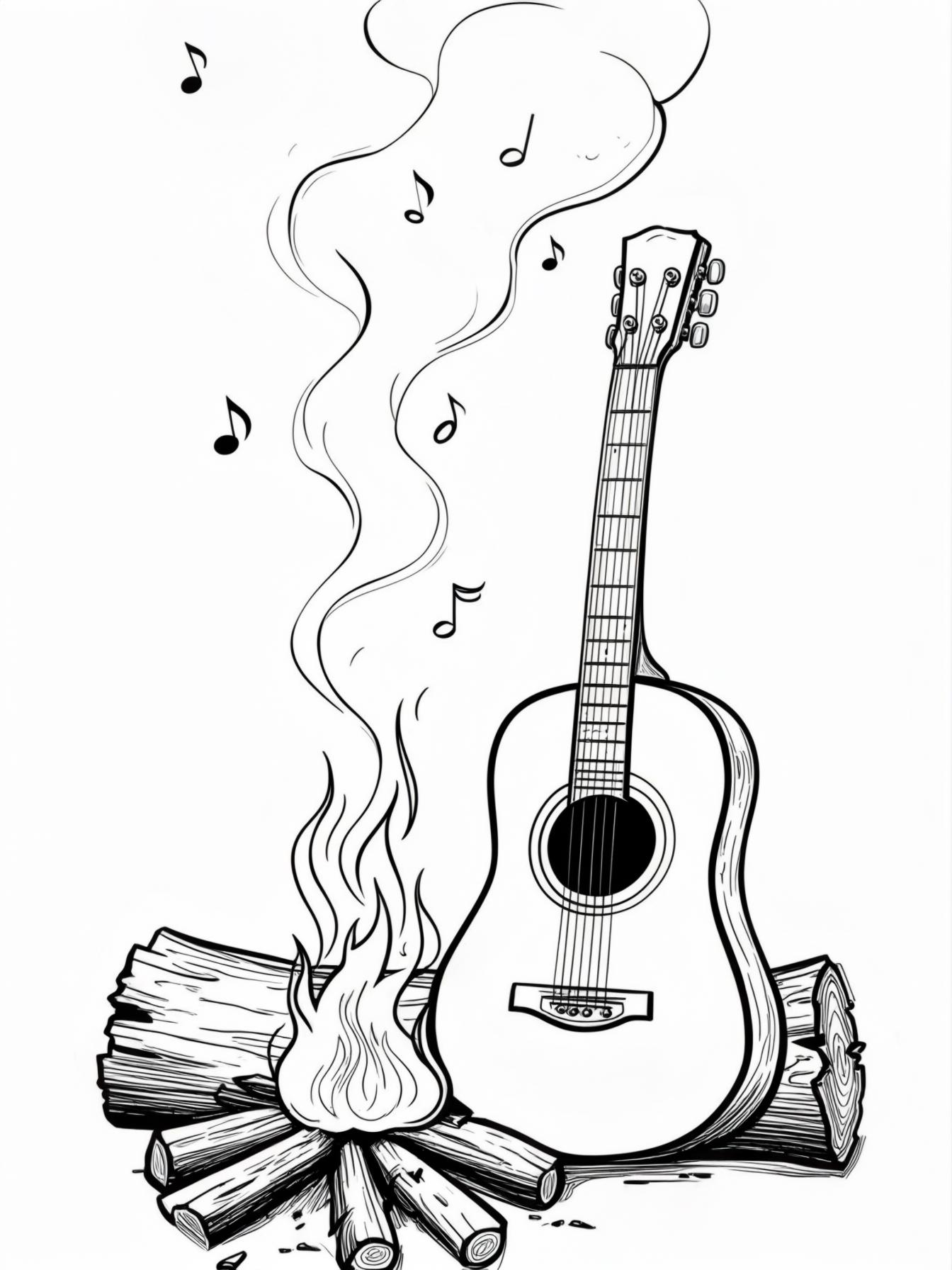 Guitar by the Fire: An acoustic guitar leaning against a log by a campfire, with musical notes floating up into the smoke.