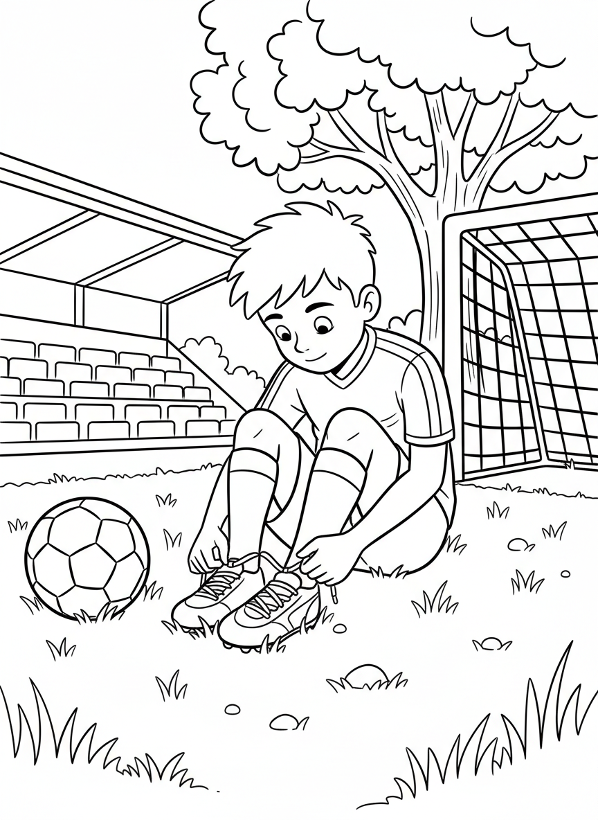 A young player tying their soccer cleats while sitting on the grass, getting ready for the game