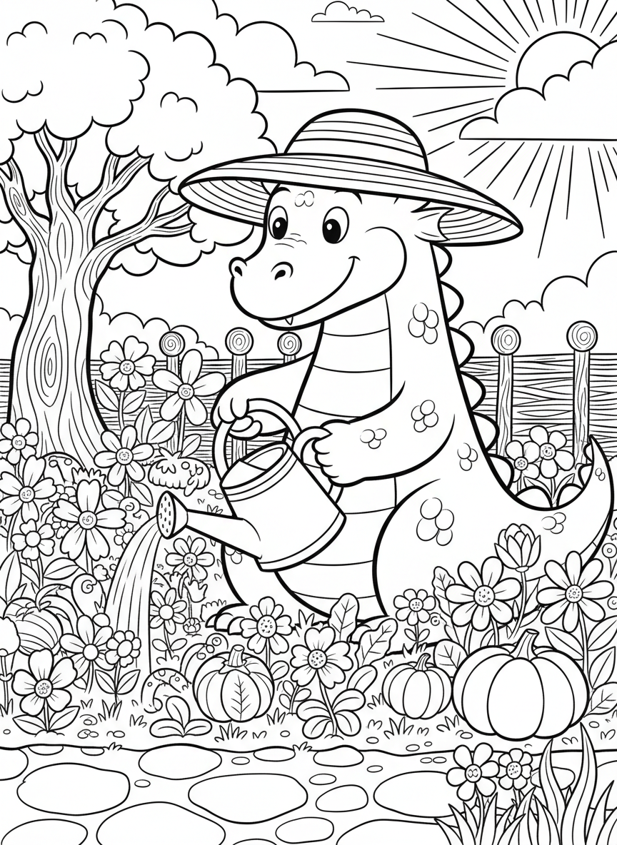 A dragon gardening with a watering can and sun hat, tending to colorful flowers and vegetables
