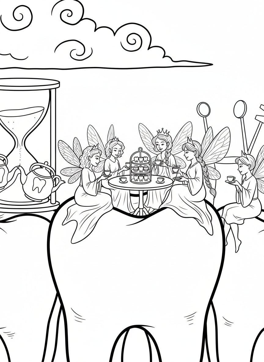 A group of diverse tooth fairies having a tea party on a giant molar, with tiny cups and treats
