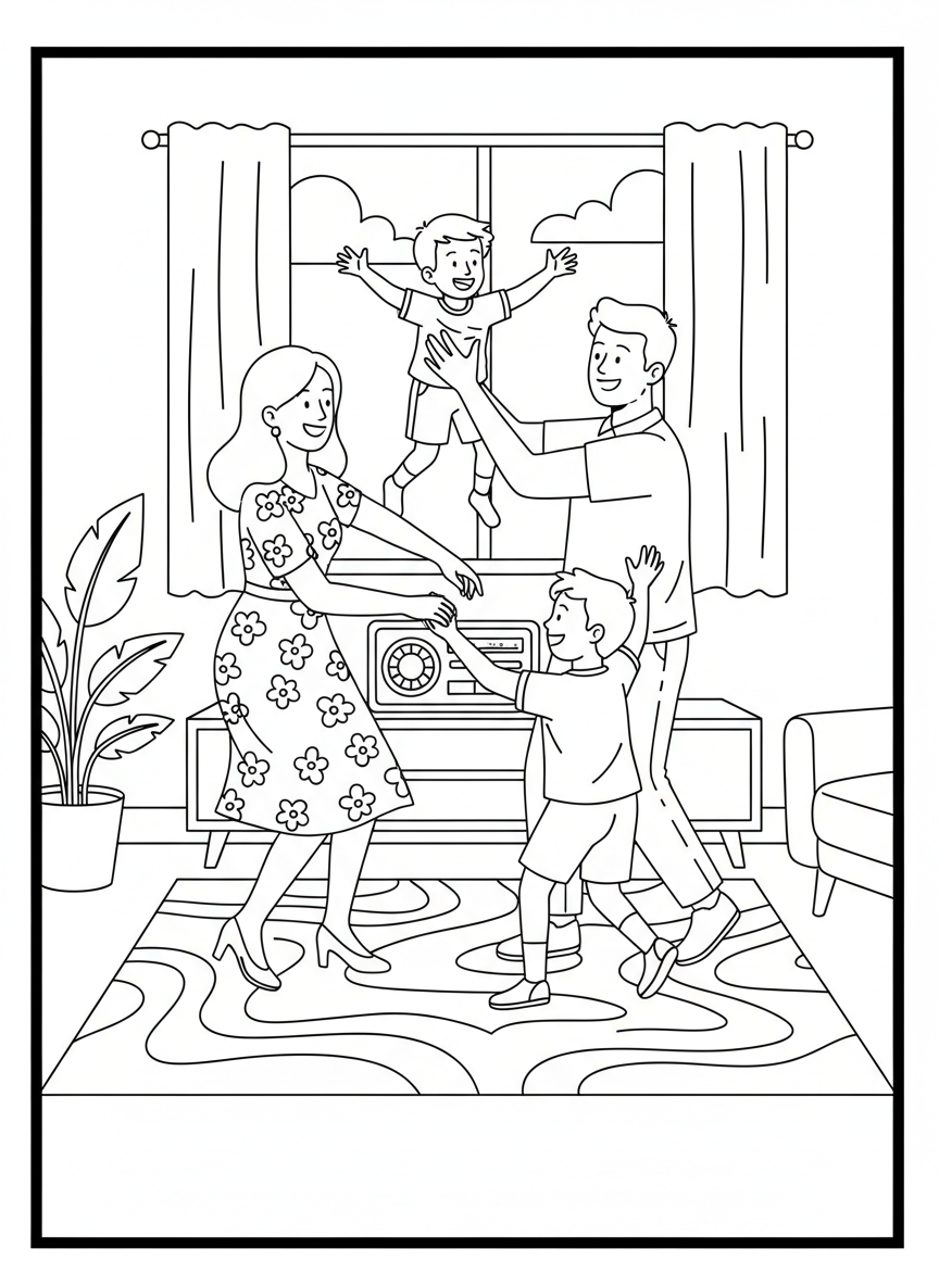 Children and parents dancing together in the living room during a family dance party, with a radio or speaker nearby.