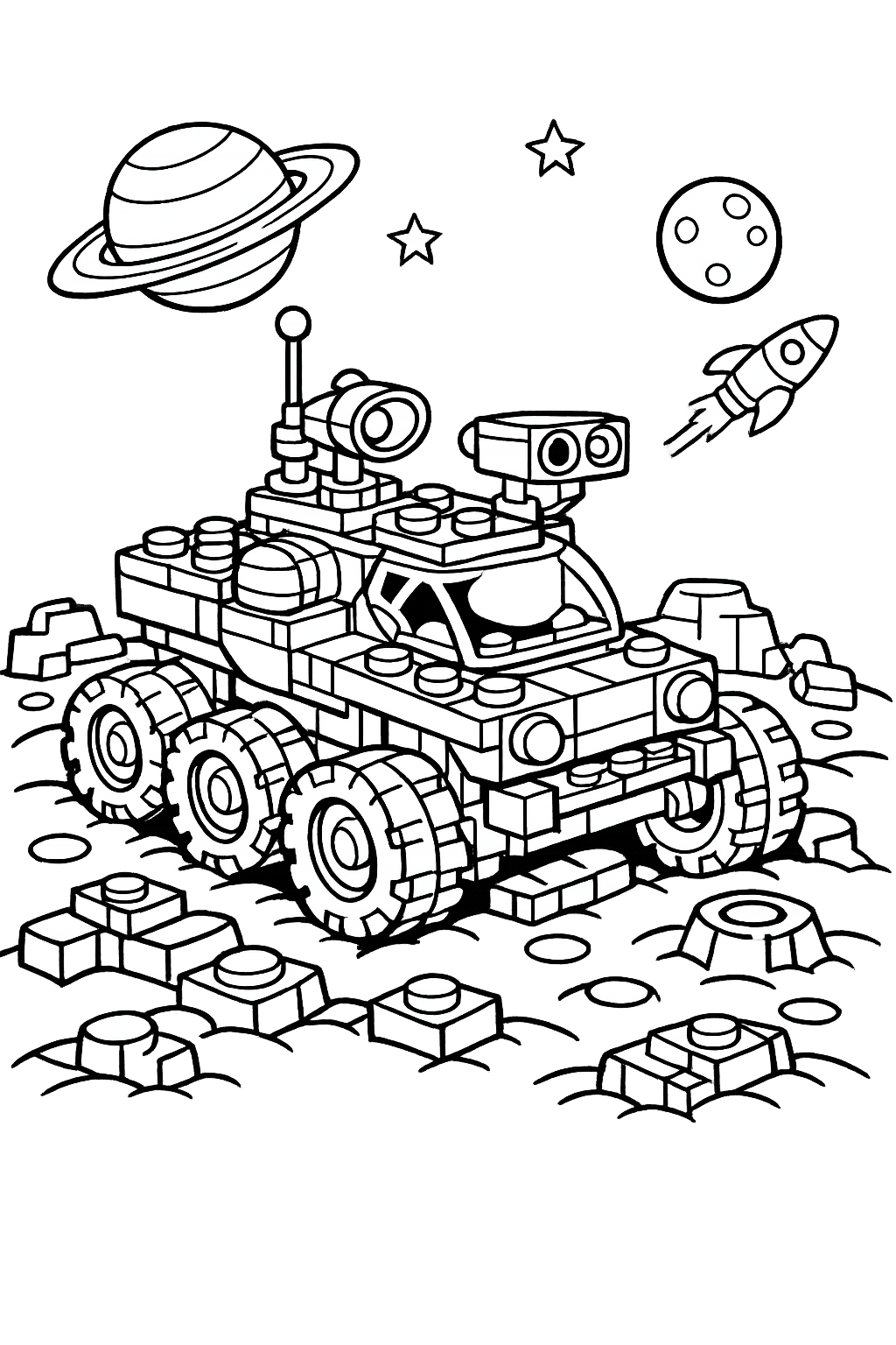 Space Rover: A chunky, 6-wheeled rover made of bricks exploring a bumpy brick planet surface.