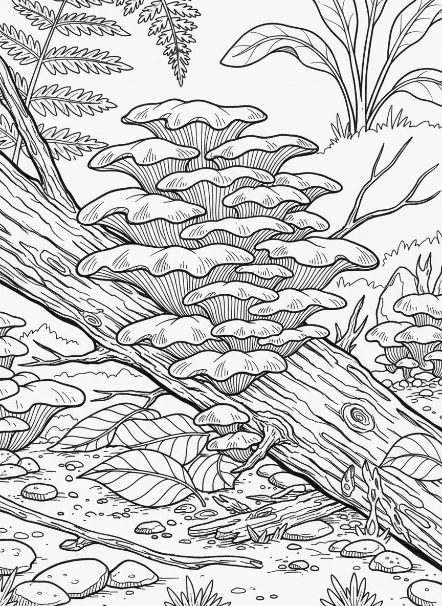 A cluster of oyster mushrooms growing on a fallen branch, with detailed wavy edges and layered arrangement.