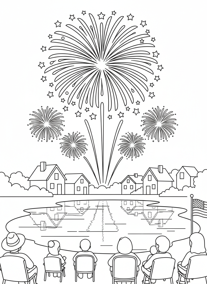 Fourth of July coloring page prompts celebrating summer patriotism, fireworks, parades, backyard traditions, and small-town American scenes.	Fireworks bursting high above a quiet neighborhood, bright reflections shimmering across rooftops and nearby water as families sit together on lawn chairs watching the sky explode with color.