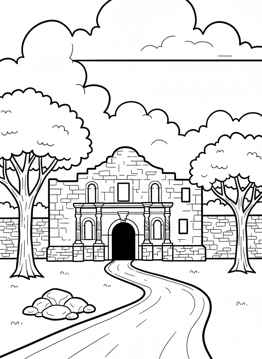 A simple line-art drawing of the Alamo mission with its iconic facade, arched doorway, and stone walls, surrounded by a few trees and clouds in the sky.