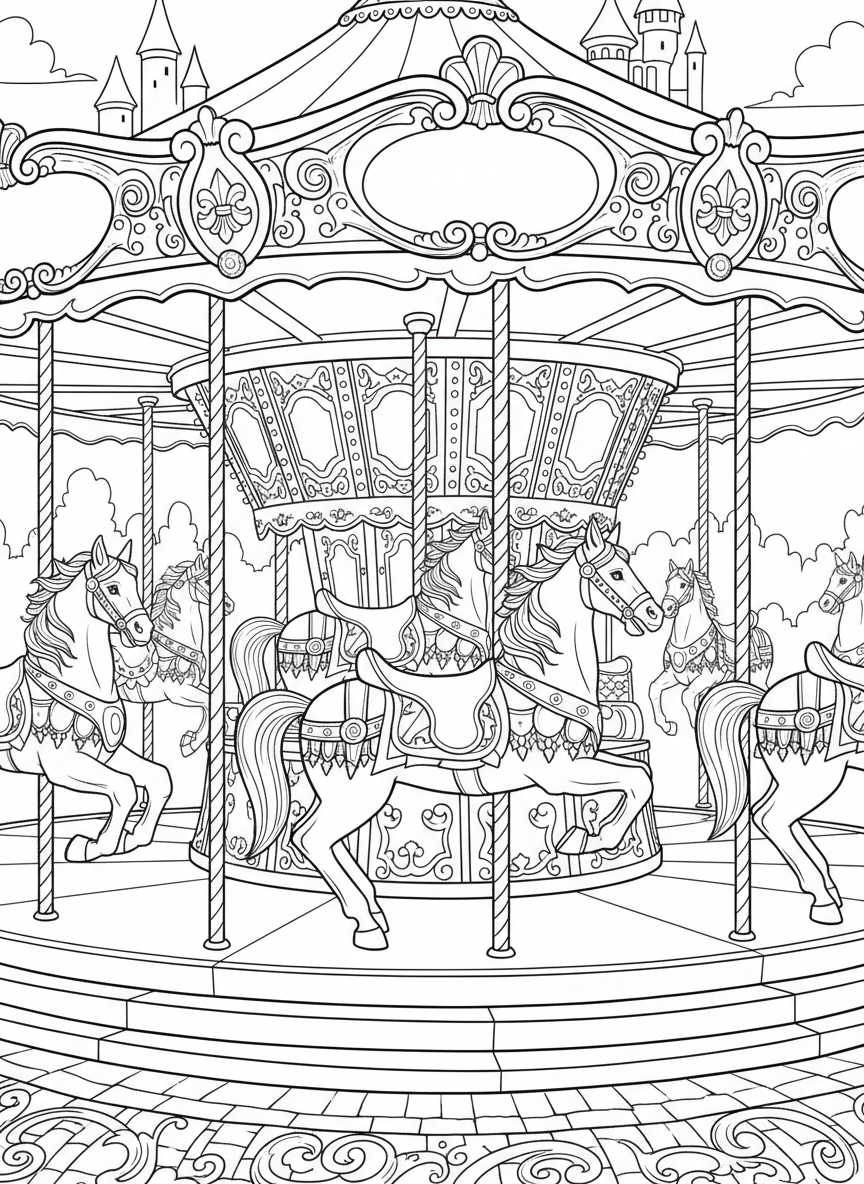 A colorful carousel with decorated horses going up and down, ornate poles and a fancy top canopy.