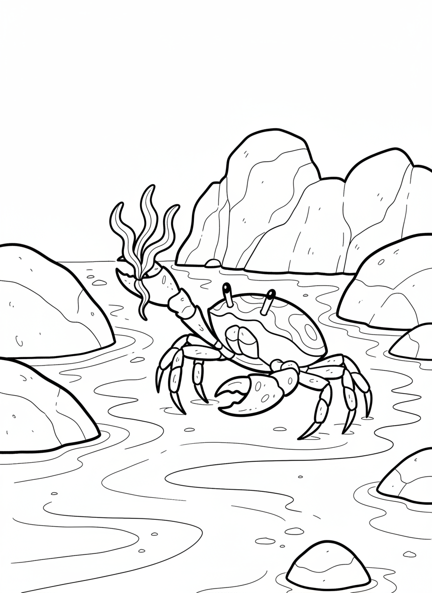 A happy crab walking sideways across wet sand, carrying a piece of seaweed, with tide pool rocks in the distance.