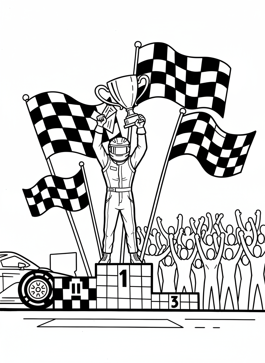 A race car driver in full racing suit and helmet holding a trophy, standing on a victory podium with checkered flags waving behind.
