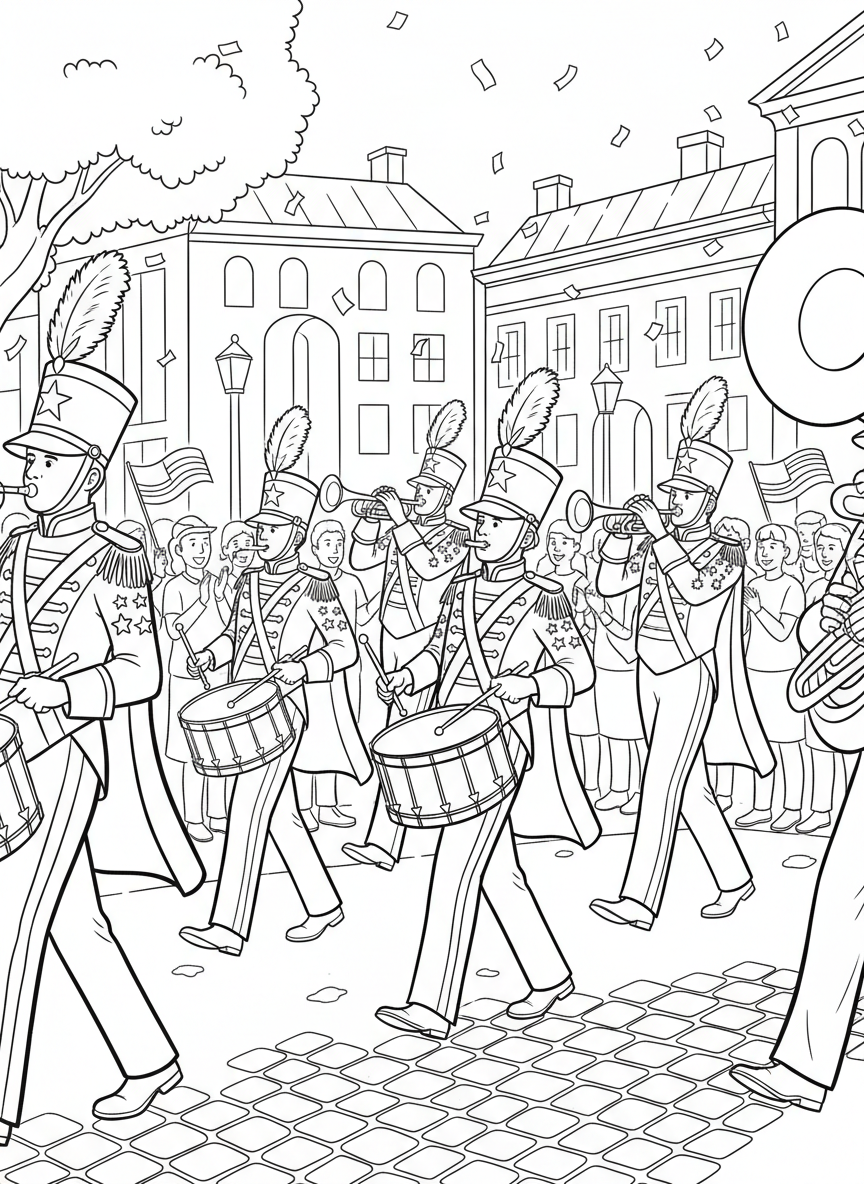 A marching band with drummers and trumpet players walking down a parade route, wearing festive uniforms with stars and stripes, simple line art for coloring.