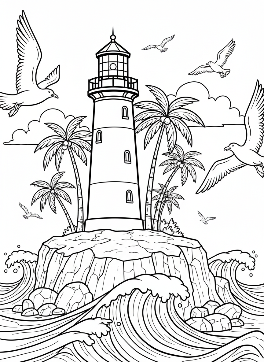 A lighthouse on a rocky tropical island shore, surrounded by seagulls, waves crashing against rocks, and palm trees nearby.