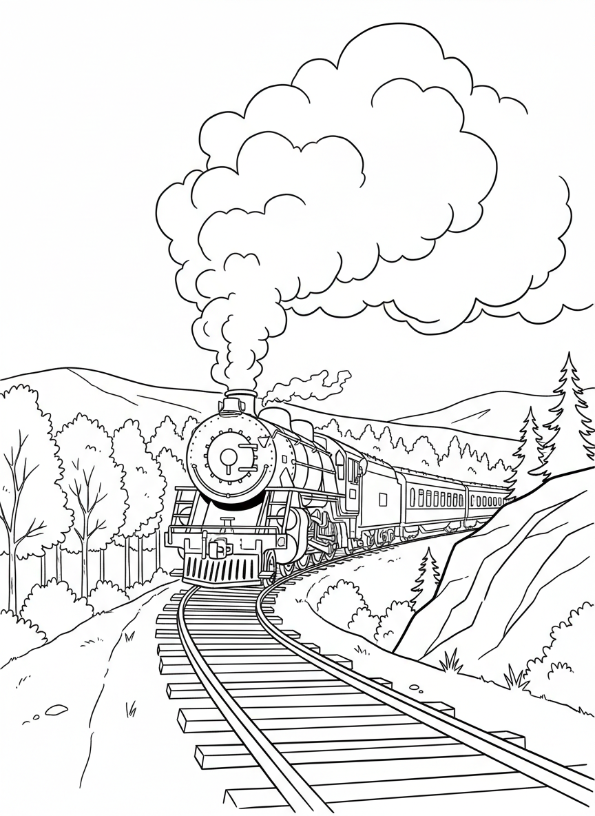 A classic steam train traveling through the countryside with smoke rising into the sky, tracks curving past hills, and trees lining the route.
