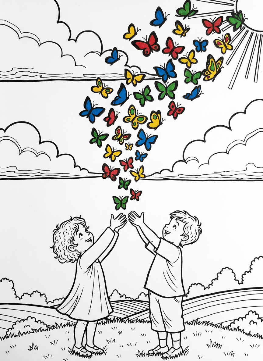 Two children releasing colorful butterflies into the sky from their hands, symbolizing freedom and hope, with clouds and sun in the background