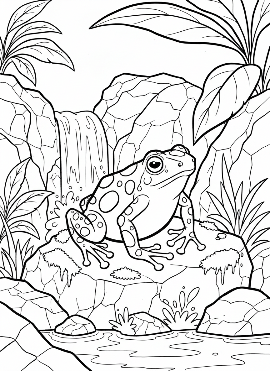 A poison dart frog with bold patterns on its back, sitting on a mossy rock near a small waterfall.