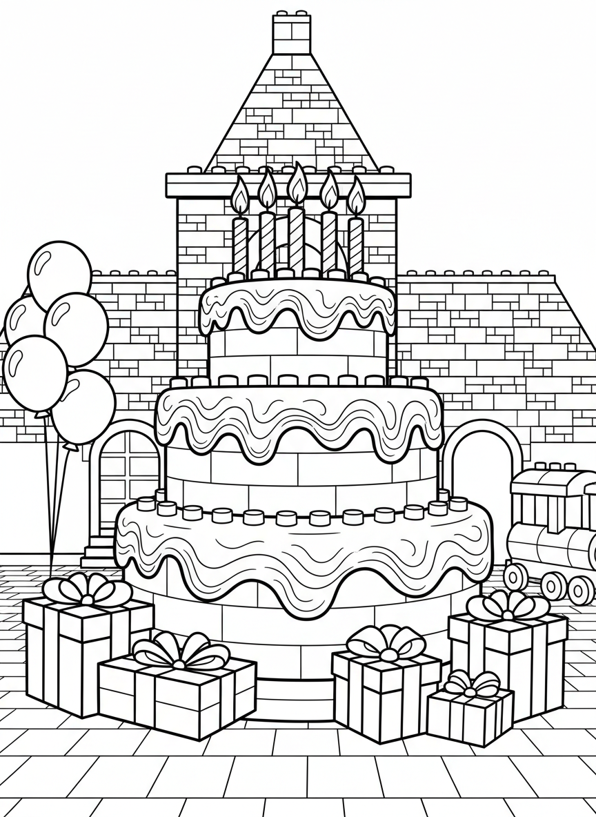A toy brick birthday cake with candles on top, frosting details, and presents made of wrapped brick boxes nearby.