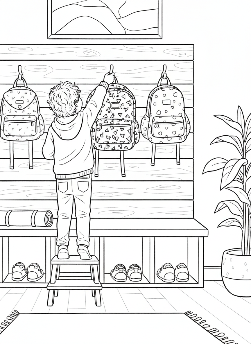 A child hanging up backpacks on wall hooks, other backpacks already hung, entryway or cubby area scene