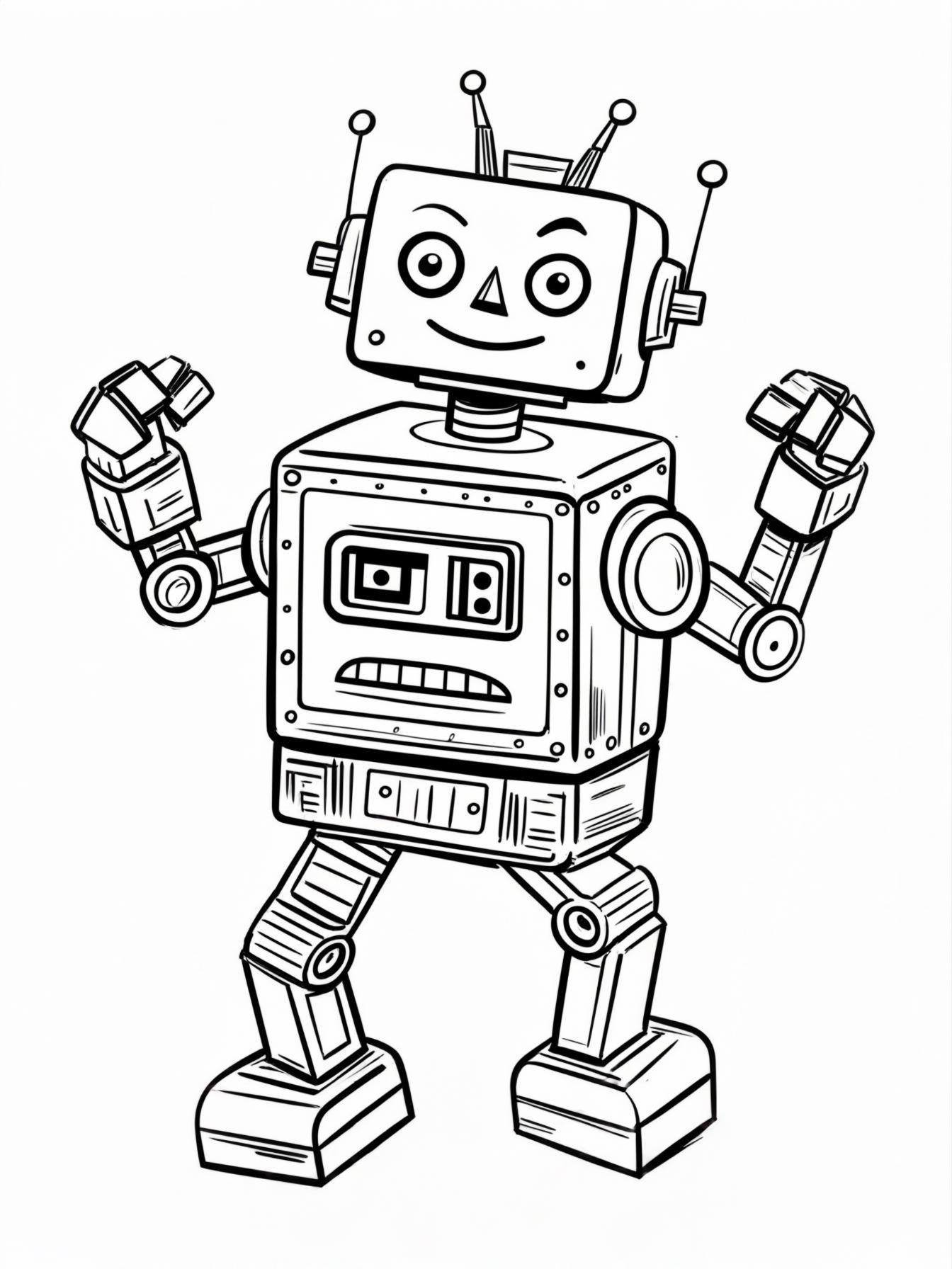 Robot Dance: A square, boxy robot doing the "robot" dance, with stiff arms and a mechanical smile.