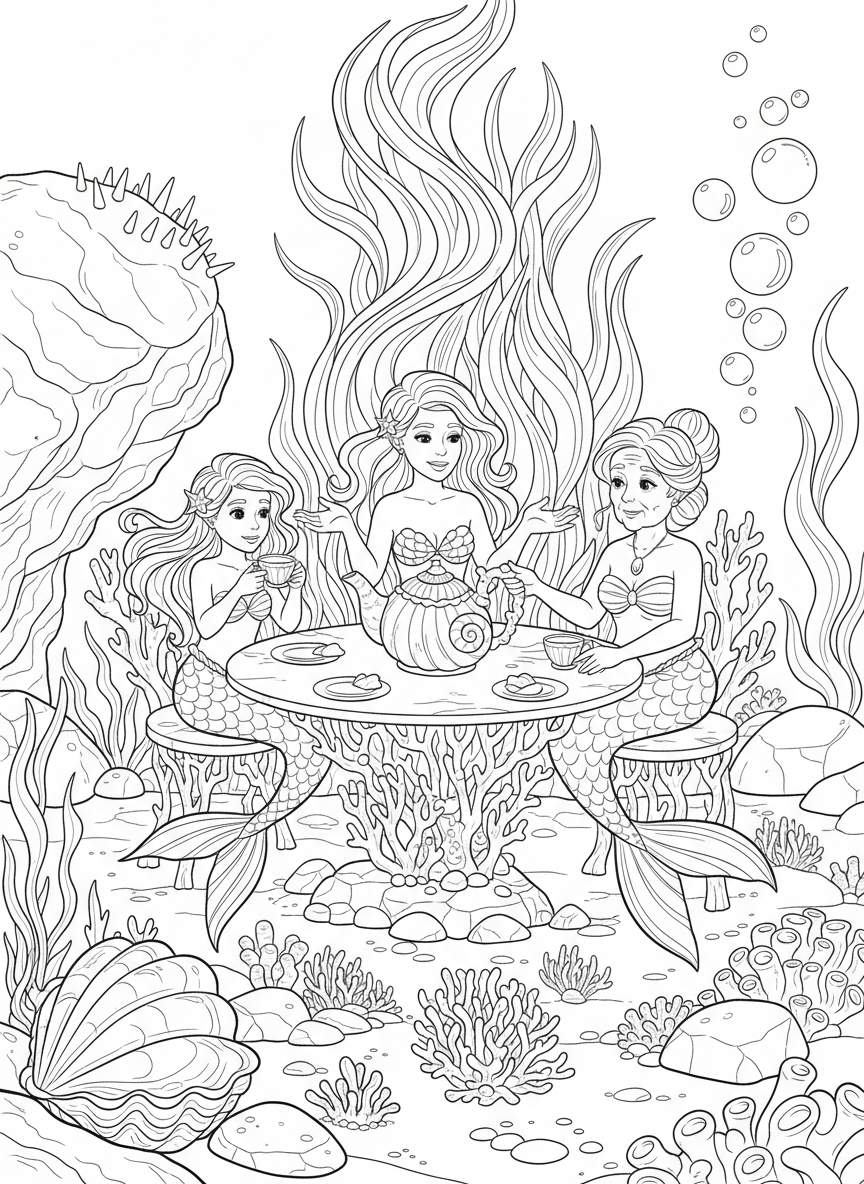 Three mermaids of different ages having a tea party on the ocean floor, sitting around a table made of coral with shell teacups, detailed scene