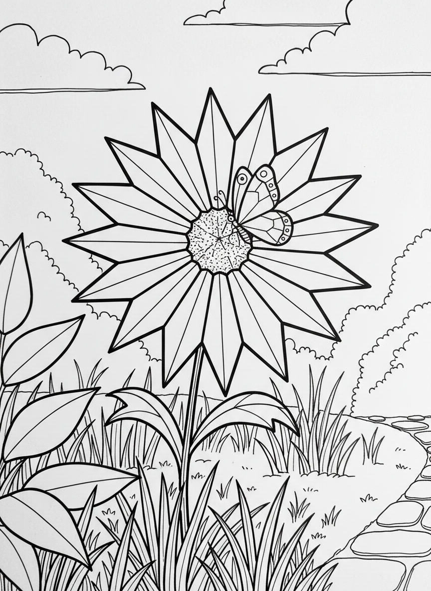 An origami daisy with pointed petals and visible crease lines, butterfly landing on it, garden background with grass outlines.