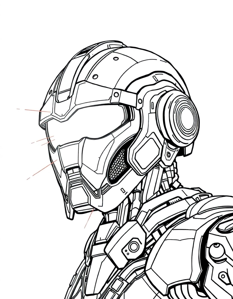 a robotic guardian rendered in a futuristic style with a dystopian atmosphere, using a close-up, featuring light rays.