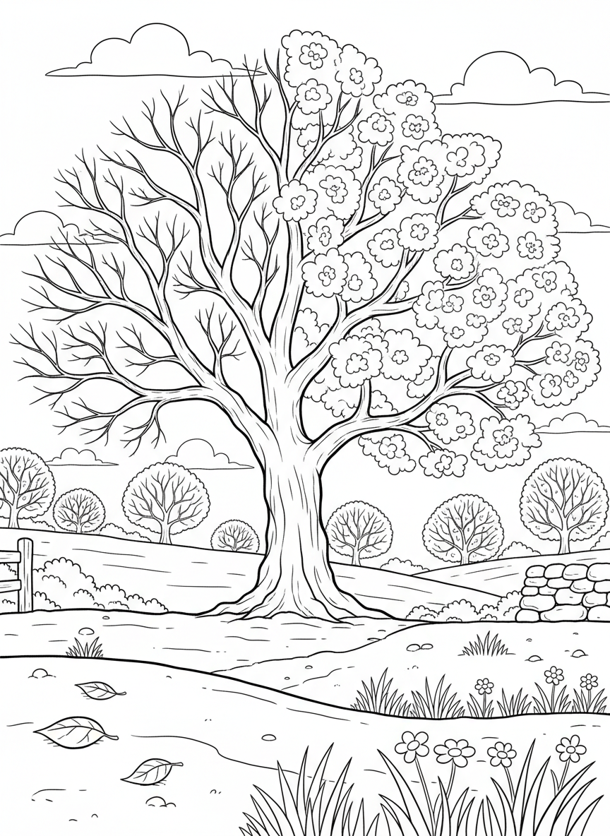 A tree transforming from bare winter branches to full spring blossoms, showing the seasonal change.