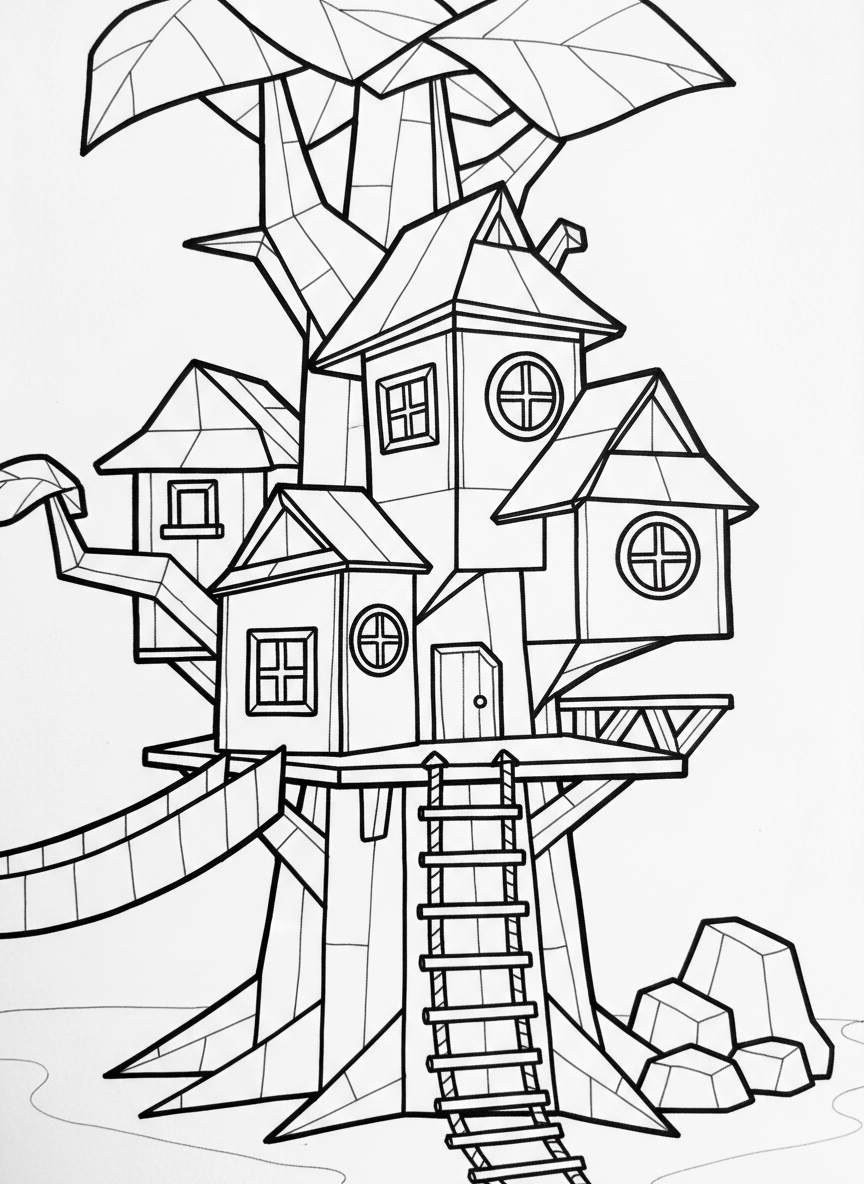 A whimsical origami treehouse built into geometric paper-folded tree branches, with a rope ladder and small windows on multiple levels.