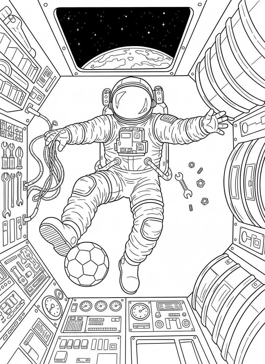 An astronaut playing with a floating soccer ball in zero gravity inside a spacecraft, playful action scene