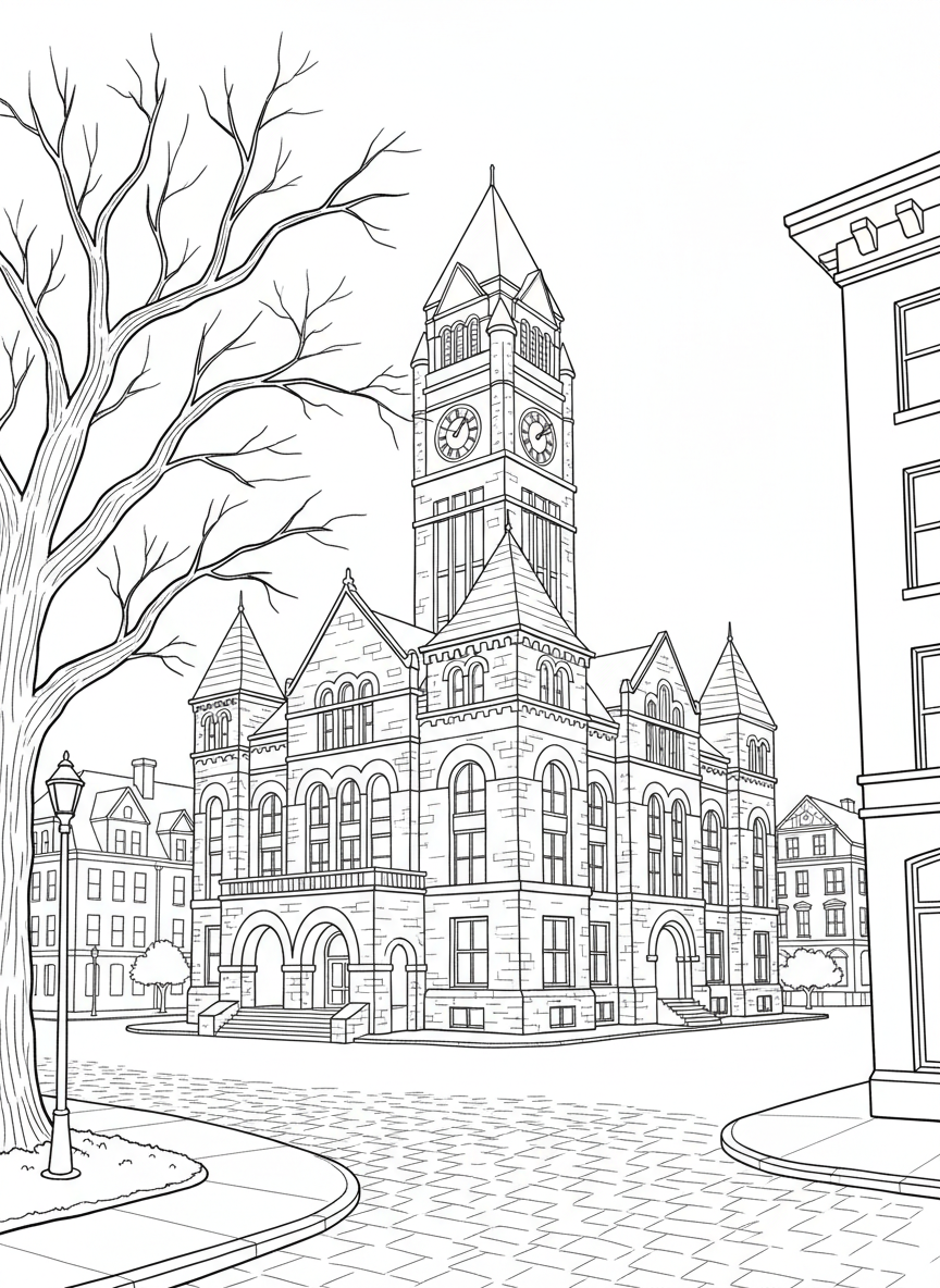 The Old Red Museum courthouse building with its distinctive Romanesque architecture and clock tower, historic landmark line art