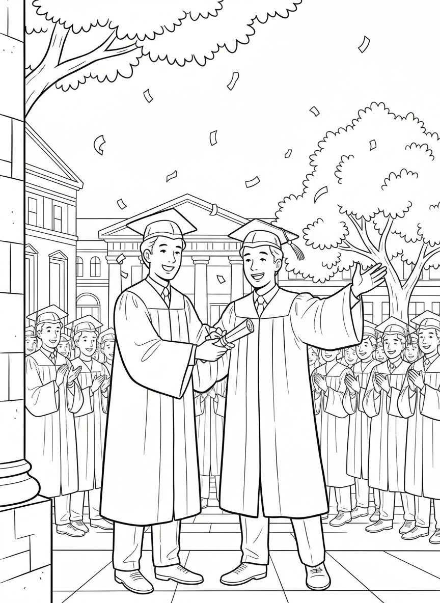 Graduation Day coloring page prompts celebrating achievement, ceremony, pride, and major life milestones.	A graduate receiving a diploma, smiling broadly as applause fills the space.