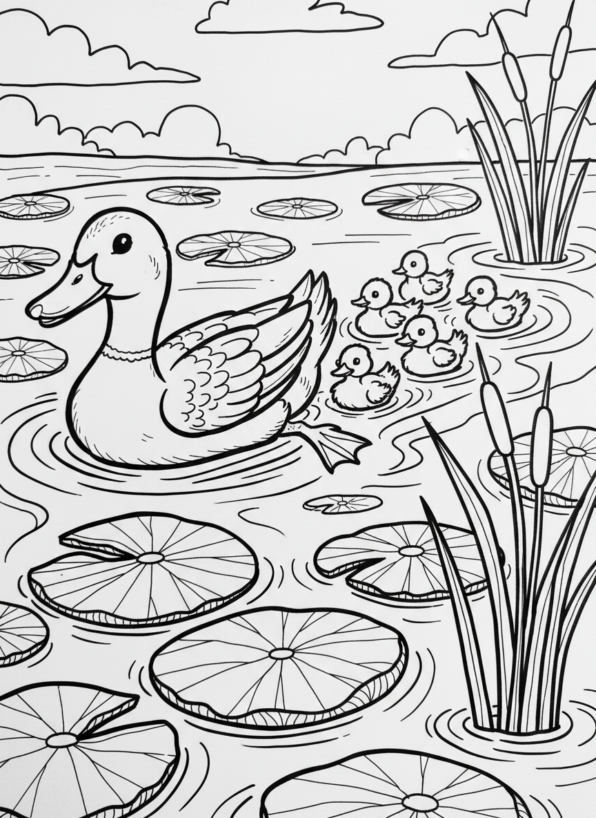 A mother duck leading a line of ducklings across a pond with lily pads and reeds.