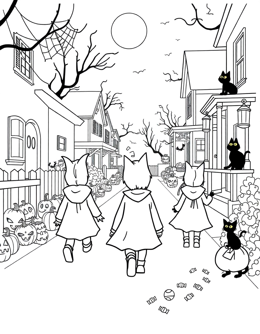Children in costumes walk along a street lined with houses decorated with spider webs, pumpkins, and lanterns. Add a black cat sitting on a porch rail and candy spilling from a bag.