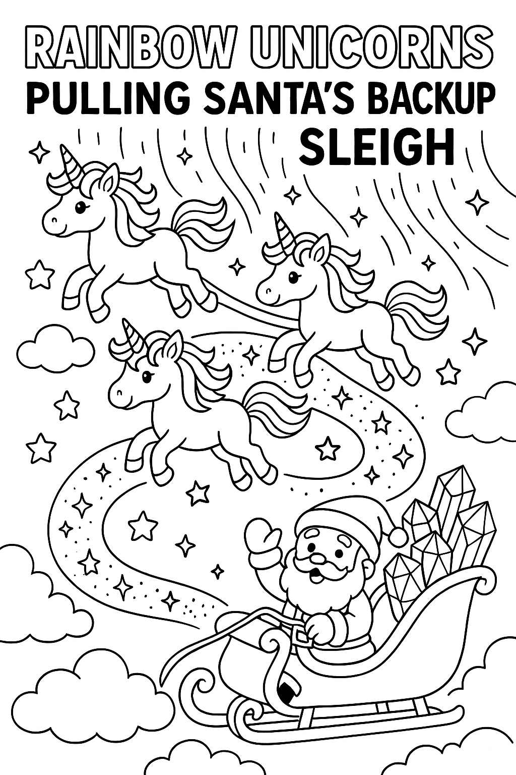 Rainbow unicorns pulling Santa's backup sleigh, glitter trail, crystal presents, cloud jumping, star path, magical aurora sky, thick line art, fantasy Christmas delivery