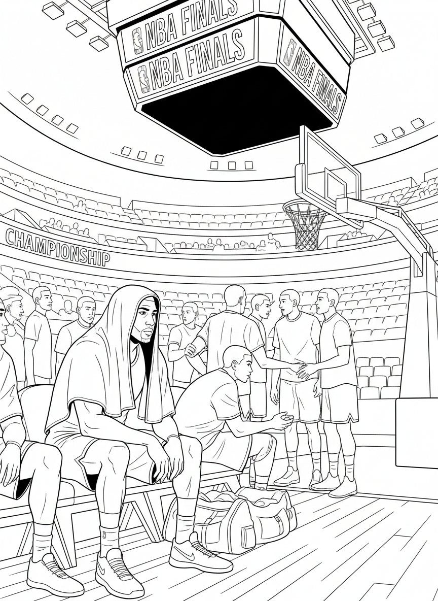 nba finals: A quiet pause on the bench between quarters, a player draped in a towel staring out at the court while teammates huddle and the arena noise fades into focused resolve.