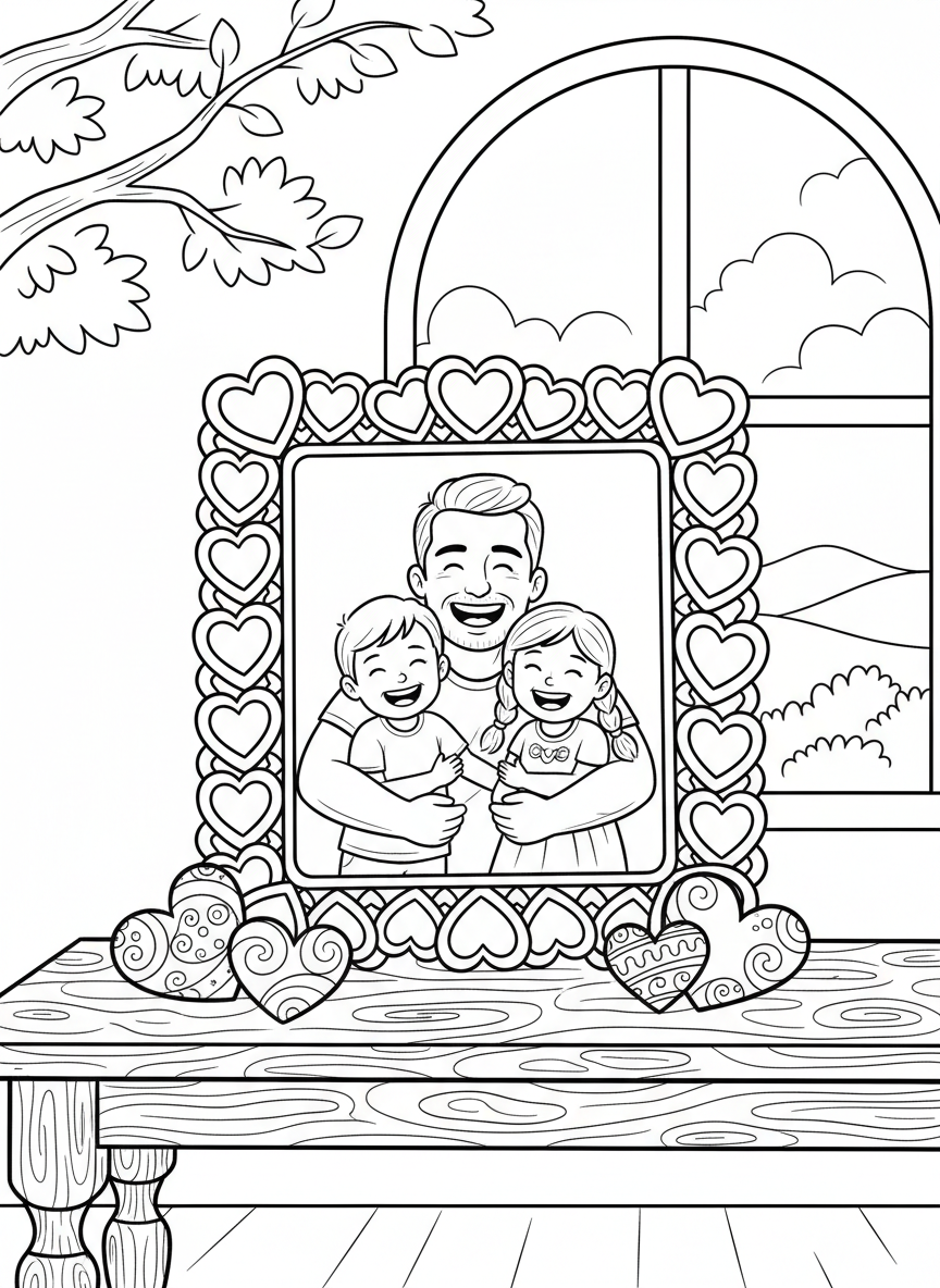 A framed family portrait showing dad with happy children, displayed on a table with decorative hearts around the frame.