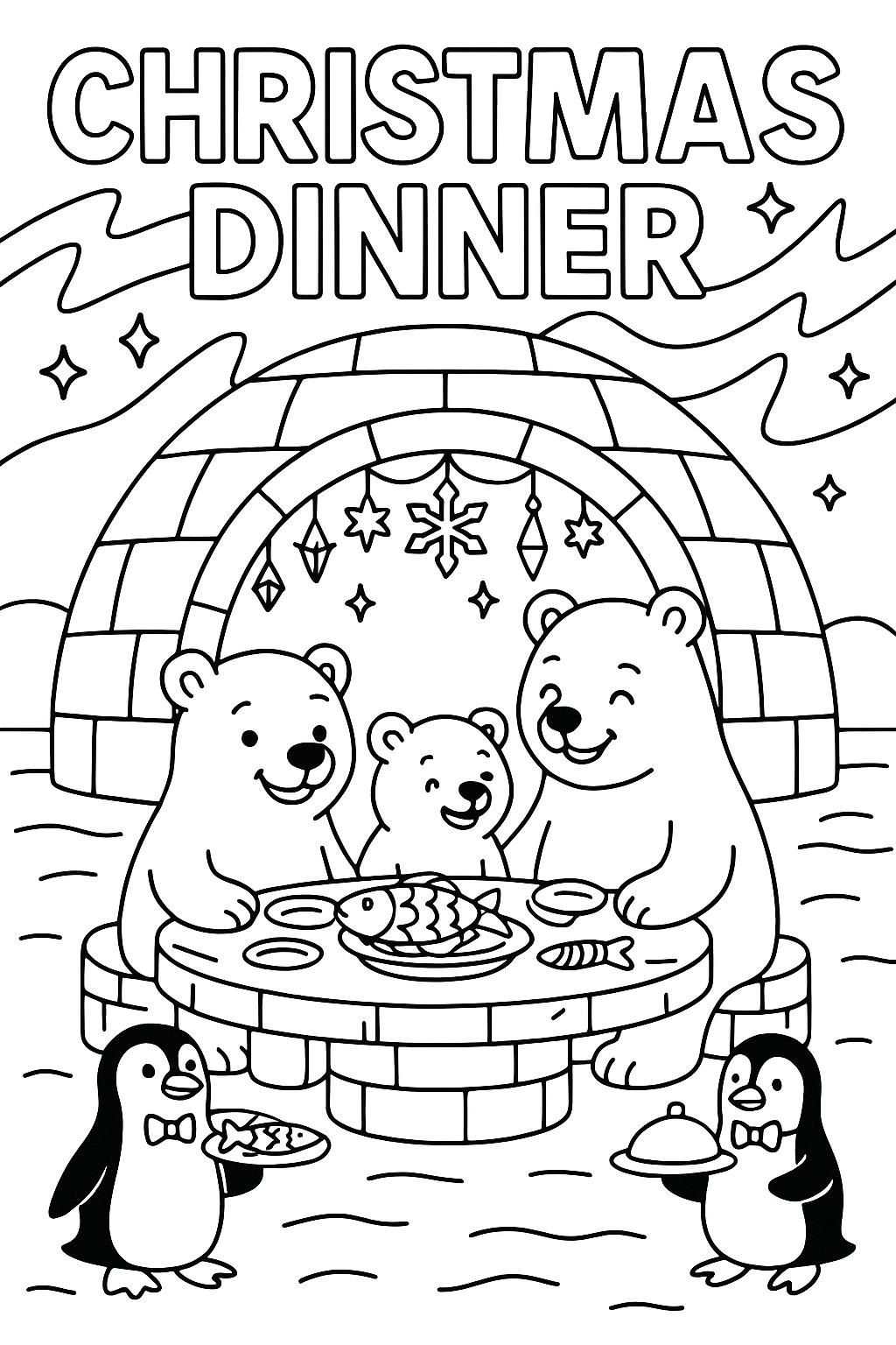 Polar bear family Christmas dinner, ice table, aurora borealis above, penguin waiters, fish feast, igloo dining room, crystalline decorations, thick line art, Arctic celebration scene