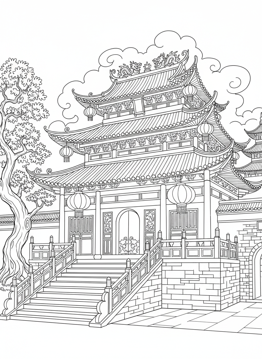 A traditional Chinese temple with curved roofs and dragon decorations, lanterns hanging from the eaves and stairs leading up.