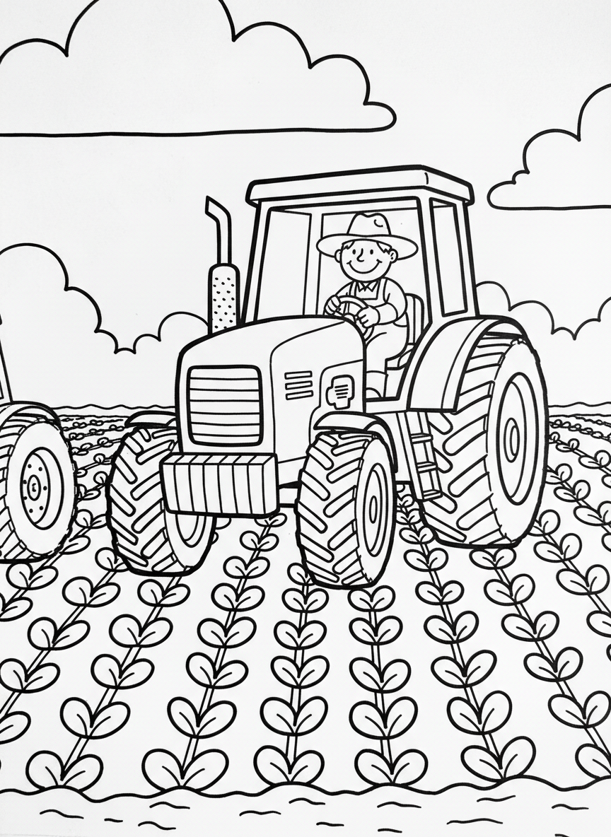 A farmer driving a big tractor through a field of crops with clouds in the sky, bold outlines suitable for young children.