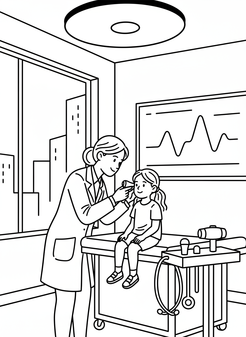 A doctor examining a young patient inside a clean medical office with charts, tools, and bright lighting throughout the room.