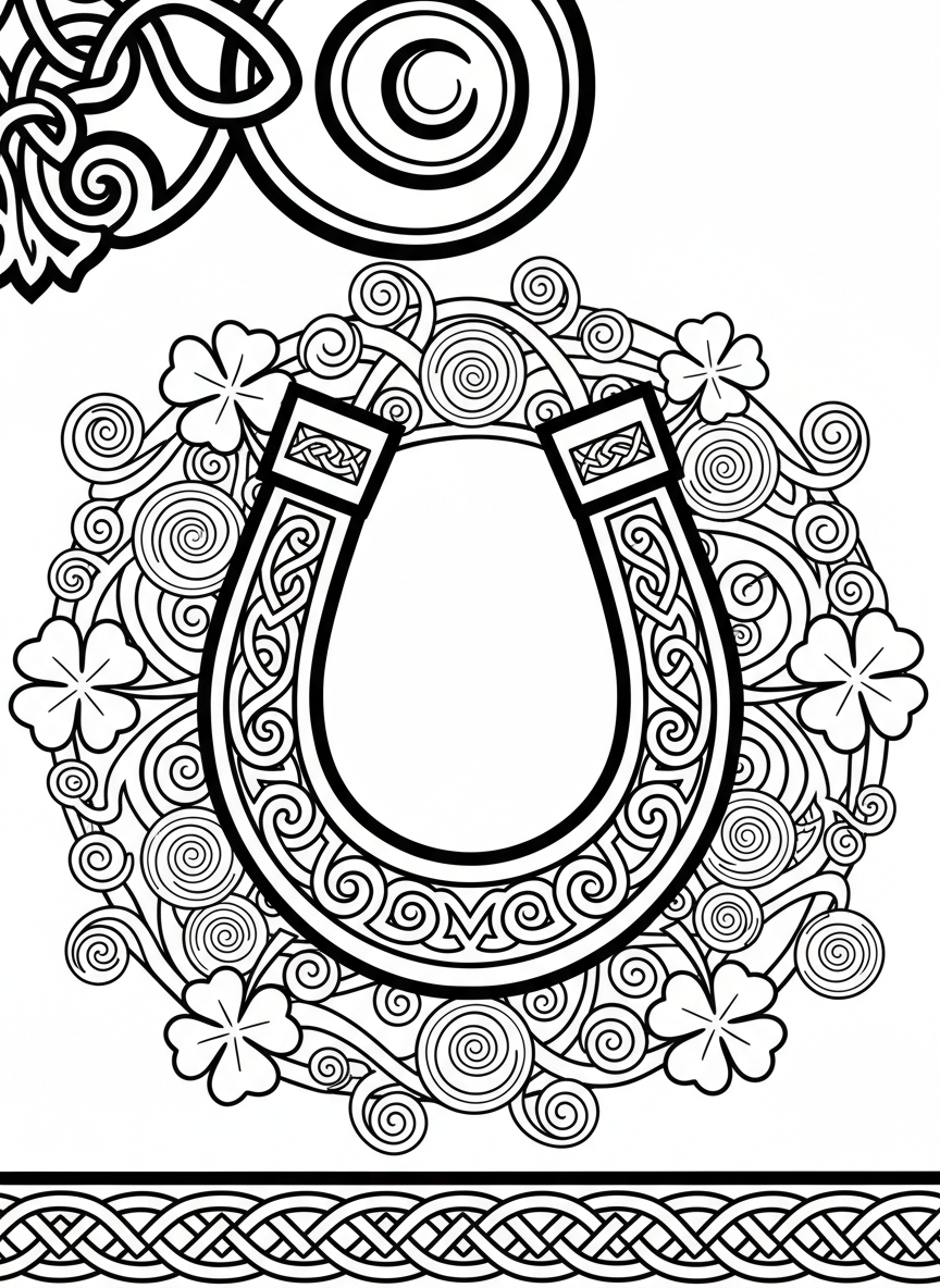 A decorative horseshoe surrounded by lucky four-leaf clovers, coins, and Celtic spiral designs in a symmetrical arrangement.