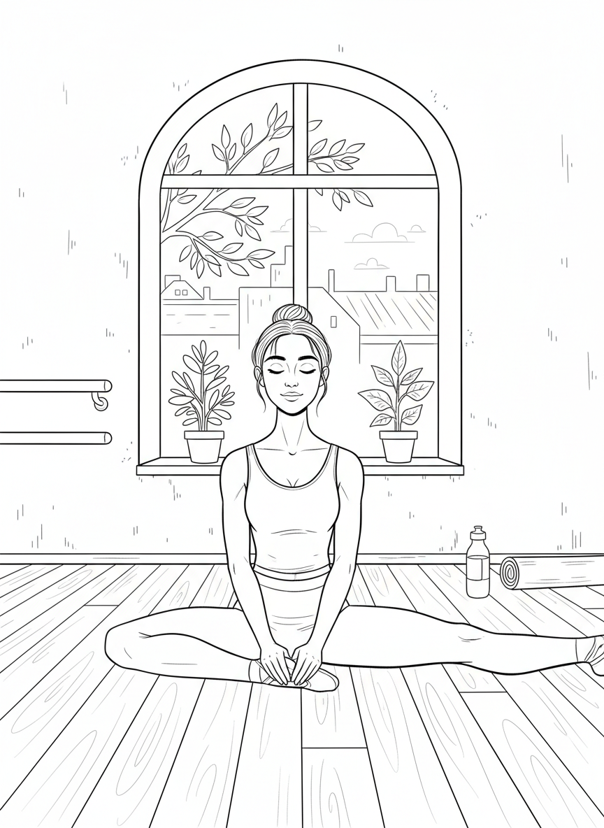 A young dancer stretching and warming up, sitting in a split position with a peaceful expression.