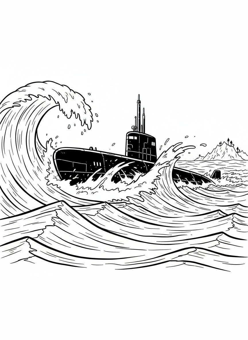 A submarine partially surfaced in the ocean, with a periscope up and waves splashing around the hull.