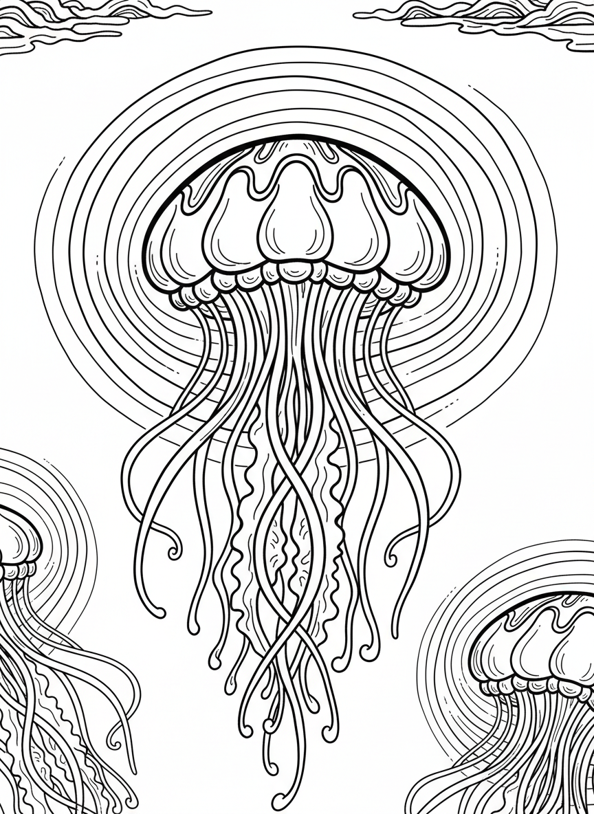 A simple atolla jellyfish with a crown-like top and symmetrical tentacles, shown with circular light patterns radiating from its center.