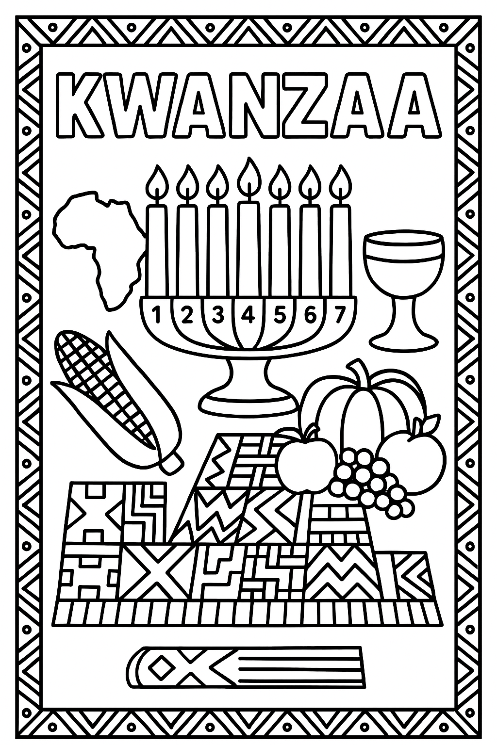 Kwanzaa coloring sheet: kinara with seven candles, African patterns border, unity cup, corn, fruits, kente cloth designs, map of Africa, thick bold line art, cultural celebration symbols for coloring