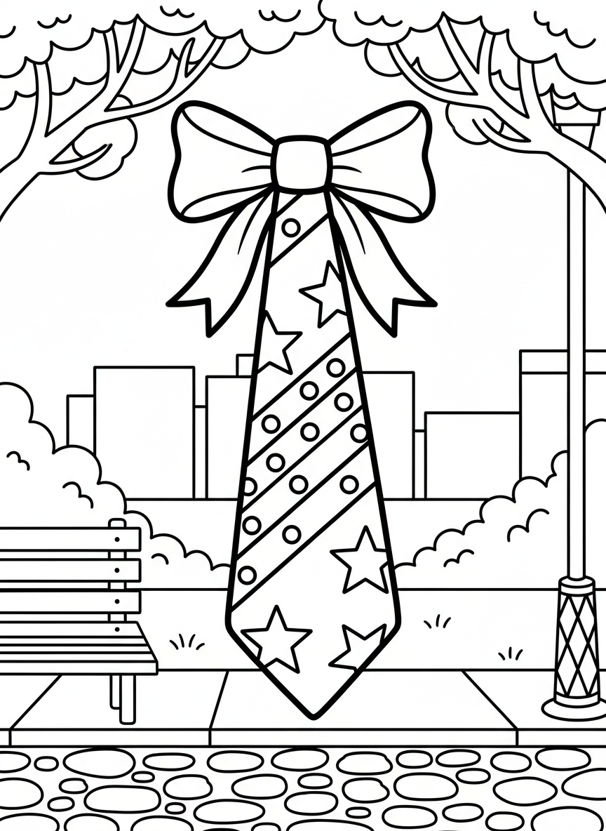 A necktie decorated with fun patterns like stars, stripes, and polka dots, displayed vertically with a gift bow at the top