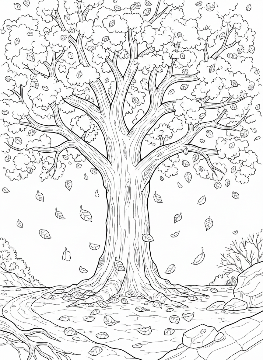 A simple autumn tree with a thick trunk and branches full of leaves in various stages of falling.