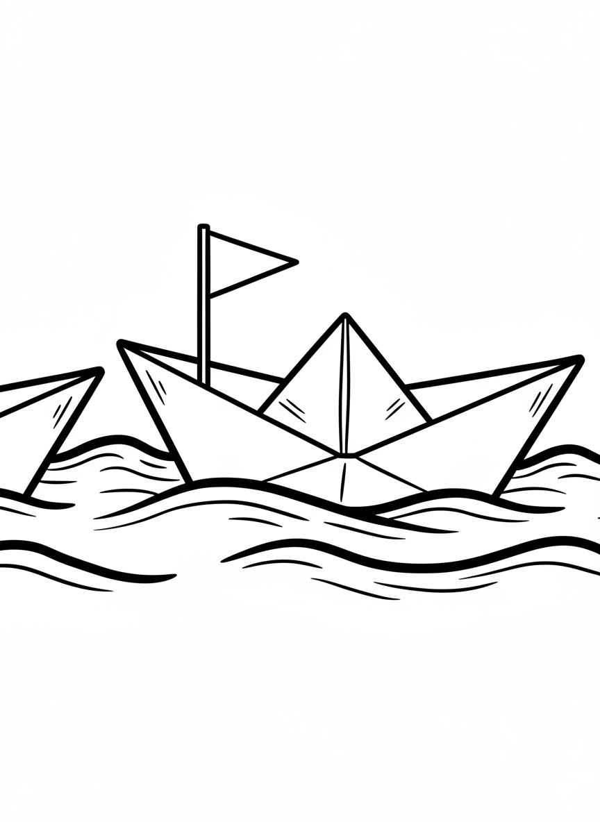 An origami paper boat floating on gentle waves, with visible crease lines and a small flag on top, simple composition for young children.